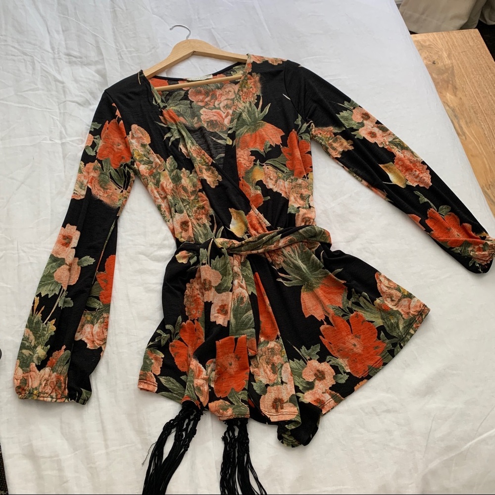Honey Punch Floral Romper with Tassel Tie
